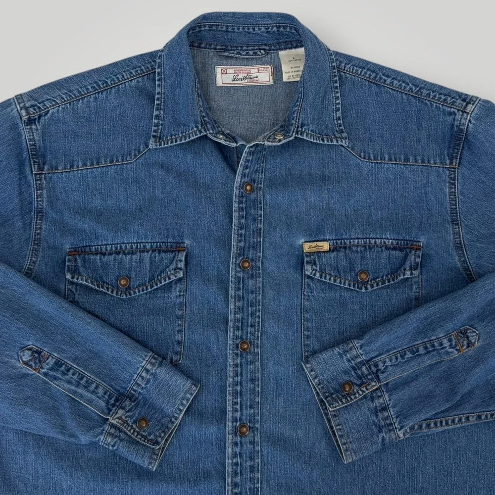 Levi Strauss Signature Western Shirt Mens L Blue Denim Snap Button Cotton Cowboy